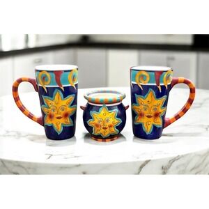 Vintage Y2K 2000's Hand Painted El Sol Sun Celestial Tall Handle Cups Whimsygoth